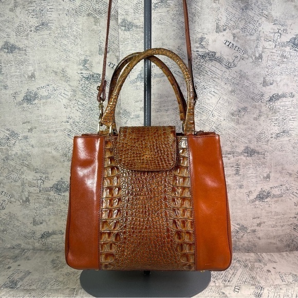 Brahmin Handbags - Vintage Brahmin Tuscan Brown Orange Croc Embossed Leather Satchel Crossbody Bag